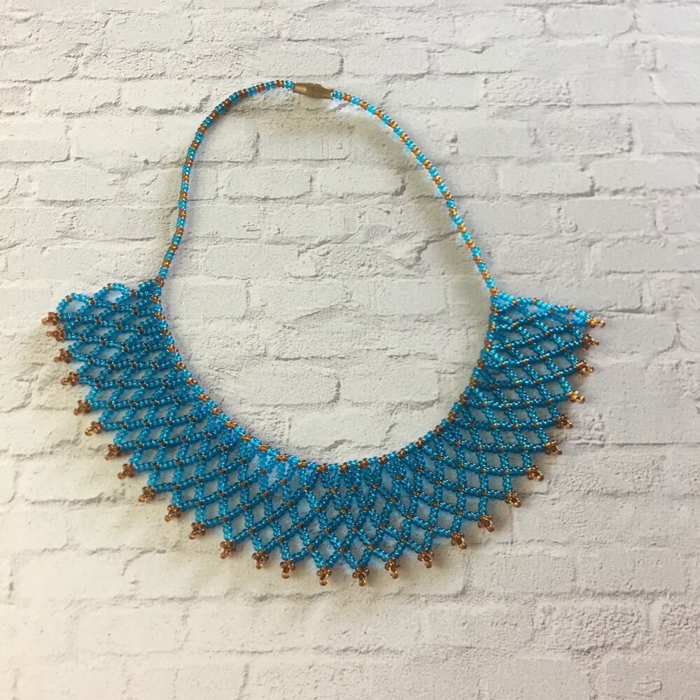 Vintage Blue Seed Bead Cleopatra Choker Necklace